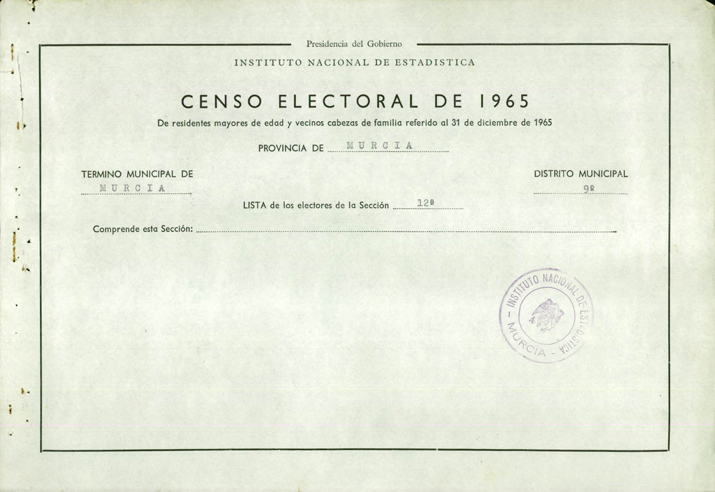 Censo electoral provincial de 1965: listas definitivas de Murcia, Distrito 9º, sección 12ª.
